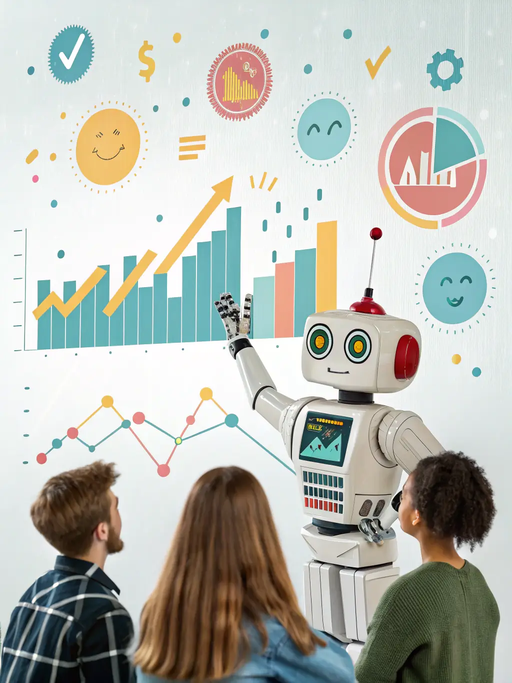 A graphic showing an AI agent analyzing complex data sets and generating reports, used to illustrate AI's role in data analysis.