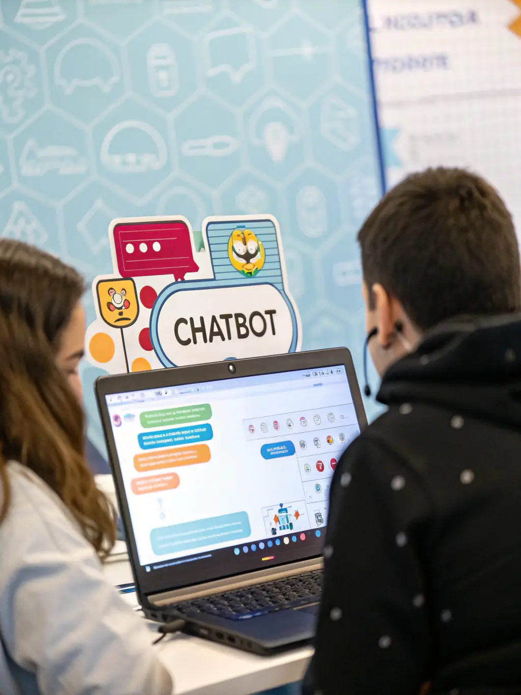 A graphic depicting a customer interacting with an AI-powered chatbot, showcasing improved customer service and engagement.