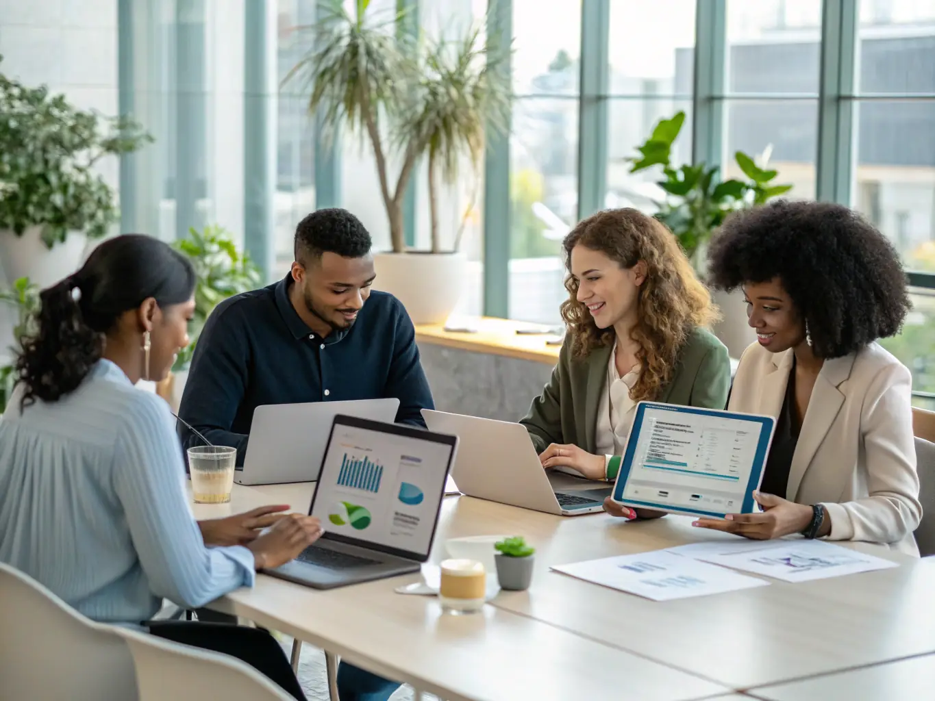 A diverse team of consultants collaborating around a holographic display of AI algorithms and data visualizations, showcasing the collaborative and innovative approach of O.N.E.