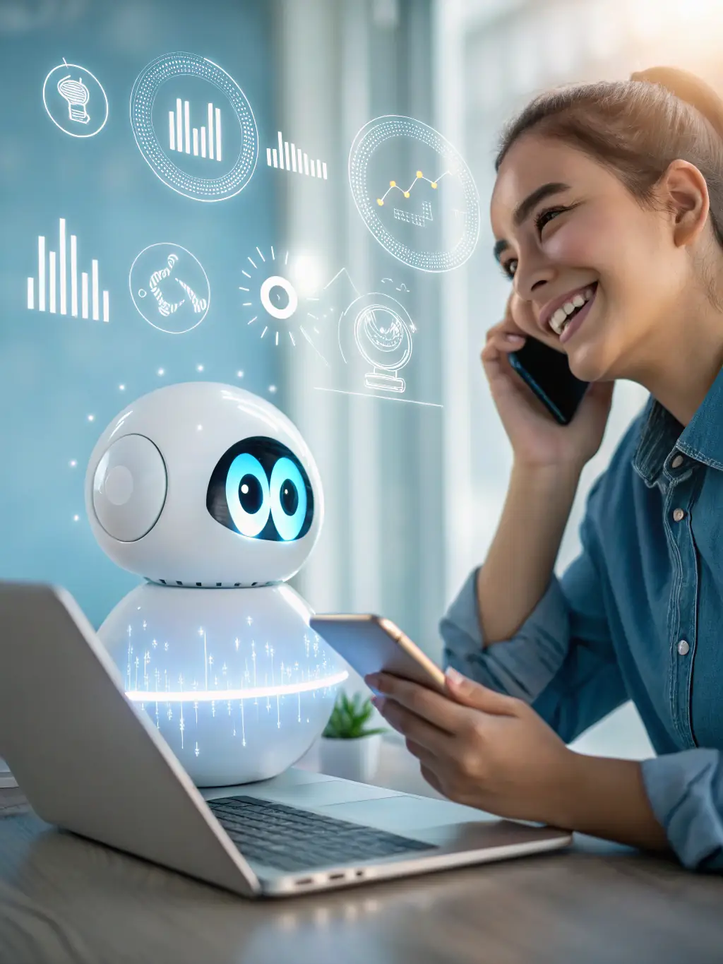 A digital illustration depicting a virtual assistant AI agent managing customer inquiries with a friendly interface, used to represent AI in customer service.