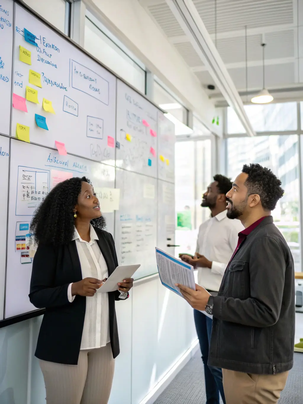 A professional photograph of a diverse team of consultants collaborating in a modern office setting, brainstorming ideas on a whiteboard with AI-related diagrams.