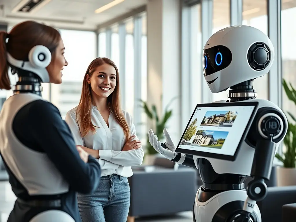 An AI agent with a friendly, approachable design, interacting with human colleagues in a modern office setting, emphasizing the collaborative nature of AI and human partnership.